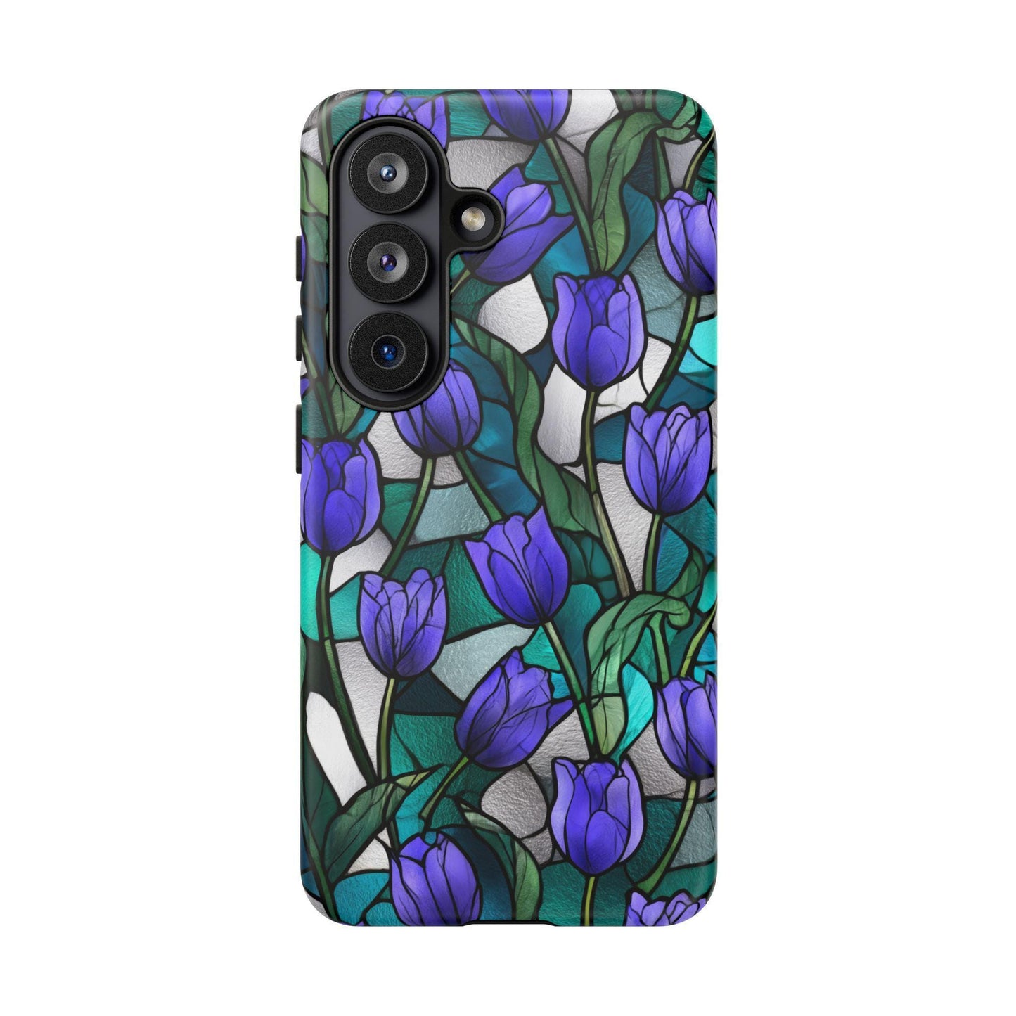 Violet Tulips Teal Floral Stained Glass