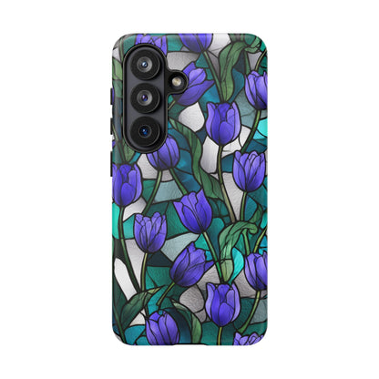 Violet Tulips Teal Floral Stained Glass