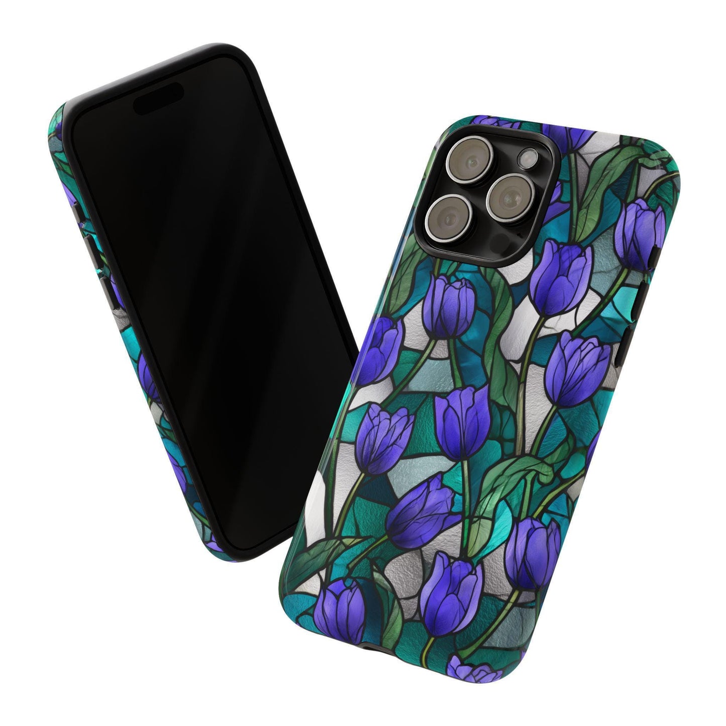 Violet Tulips Teal Floral Stained Glass