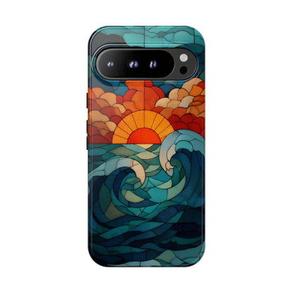 Beach Sunset Teal Orange Stained Glass