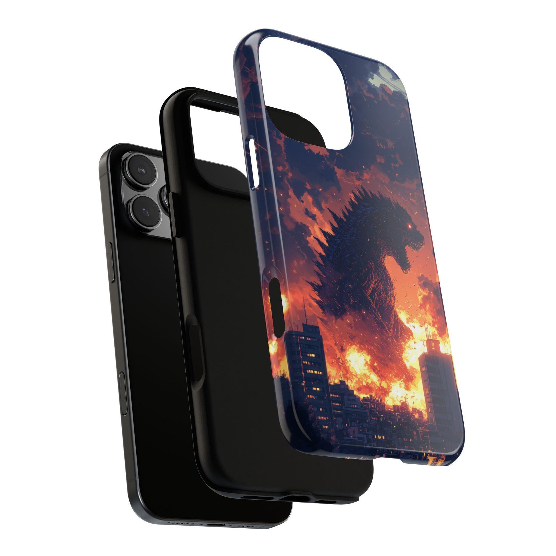 a phone case with a design of a shark swimming in the ocean. The case is described as "Tough Case" and "Dual-layer Impact Resistant Protection", indicating that it has multiple layers of protection to withstand impact. The case also has a raised camera and screen protection, as well as a shockproof TPU liner and UV-protected premium print.