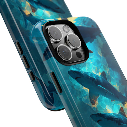 a phone case with a design of a shark swimming in the ocean. The case is described as "Tough Case" and "Dual-layer Impact Resistant Protection", indicating that it has multiple layers of protection to withstand impact. The case also has a raised camera and screen protection, as well as a shockproof TPU liner and UV-protected premium print.