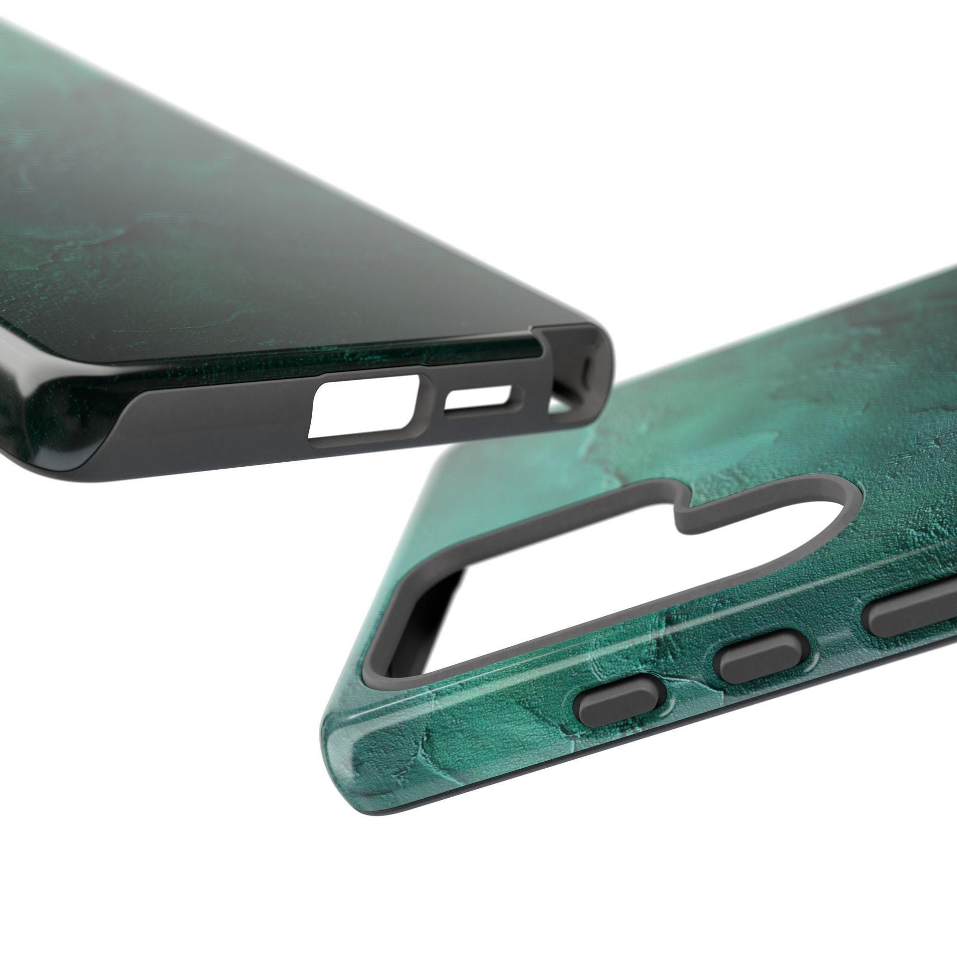a phone case with a design of a shark swimming in the ocean. The case is described as "Tough Case" and "Dual-layer Impact Resistant Protection", indicating that it has multiple layers of protection to withstand impact. The case also has a raised camera and screen protection, as well as a shockproof TPU liner and UV-protected premium print.