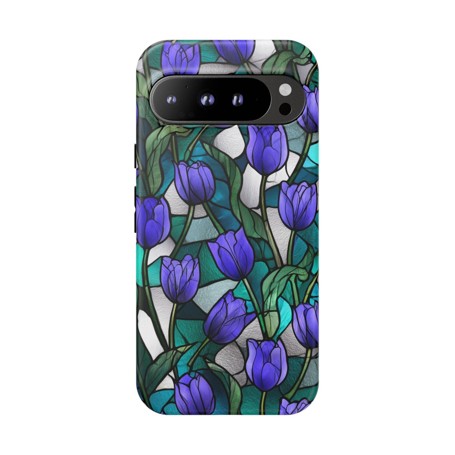 Violet Tulips Teal Floral Stained Glass