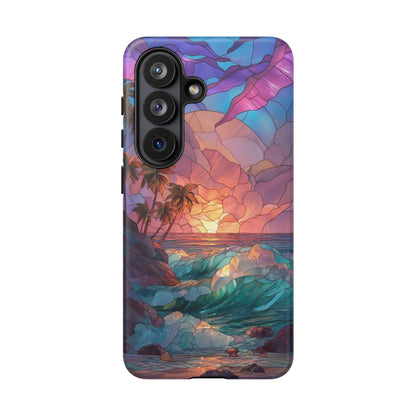 Teal Ocean Beach Sunset Stained Glass