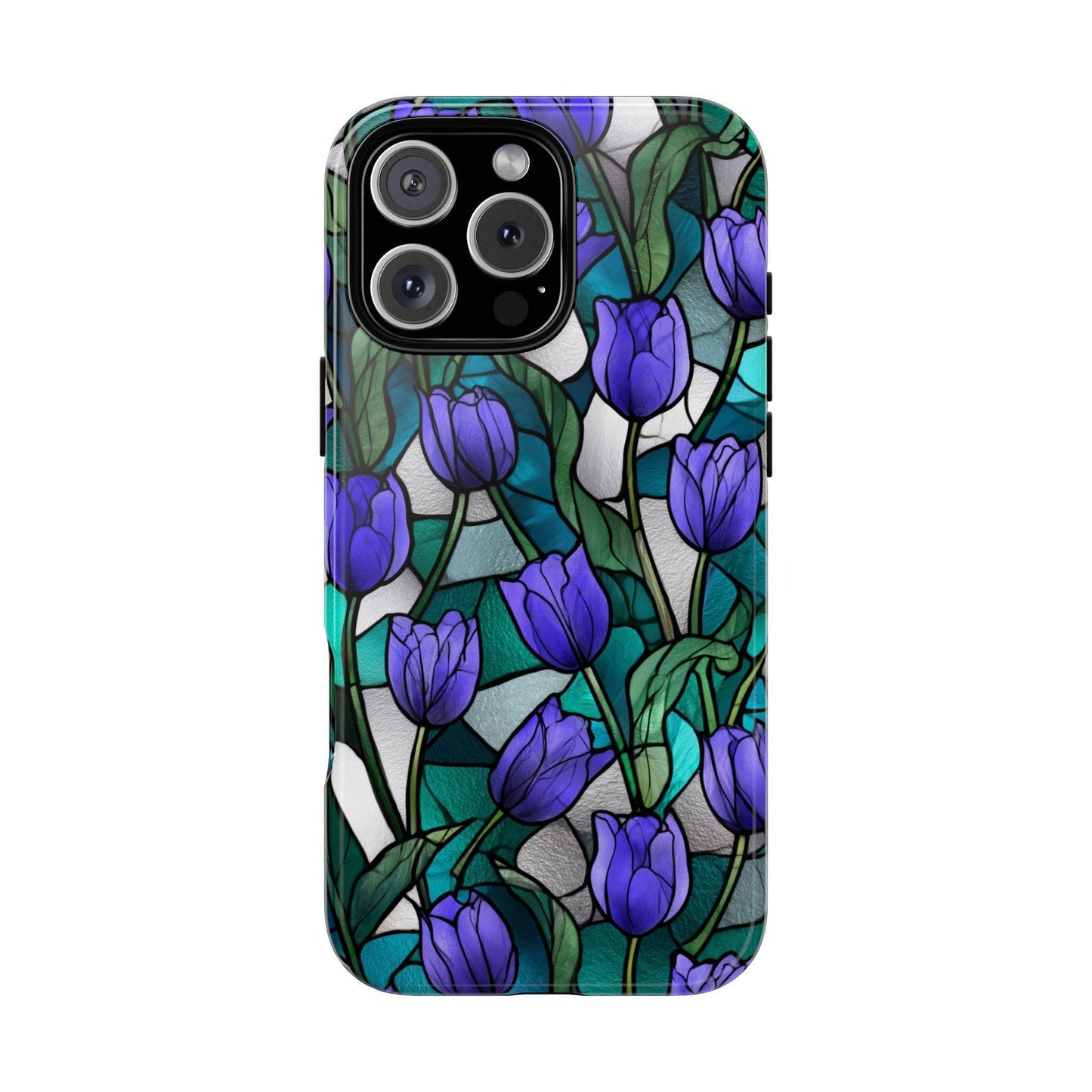 Violet Tulips Teal Floral Stained Glass