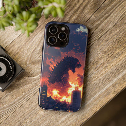 The image is an advertisement for a "Magsafe Tough Case" designed for smartphones. It features a close-up of a phone case with a colorful, cosmic-themed design, and a description of the case's features, such as the dual-layer impact resistant protection and the embedded magnetic ring. The image also indicates that the case is not available for Samsung Galaxy or Google Pixel models.