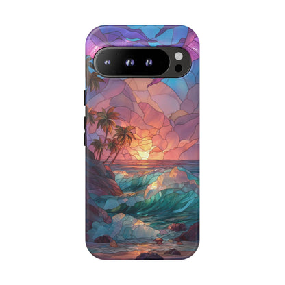 Teal Ocean Beach Sunset Stained Glass