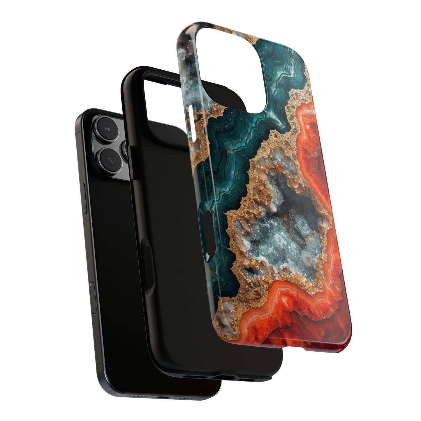 a phone case with a design of a shark swimming in the ocean. The case is described as "Tough Case" and "Dual-layer Impact Resistant Protection", indicating that it has multiple layers of protection to withstand impact. The case also has a raised camera and screen protection, as well as a shockproof TPU liner and UV-protected premium print.