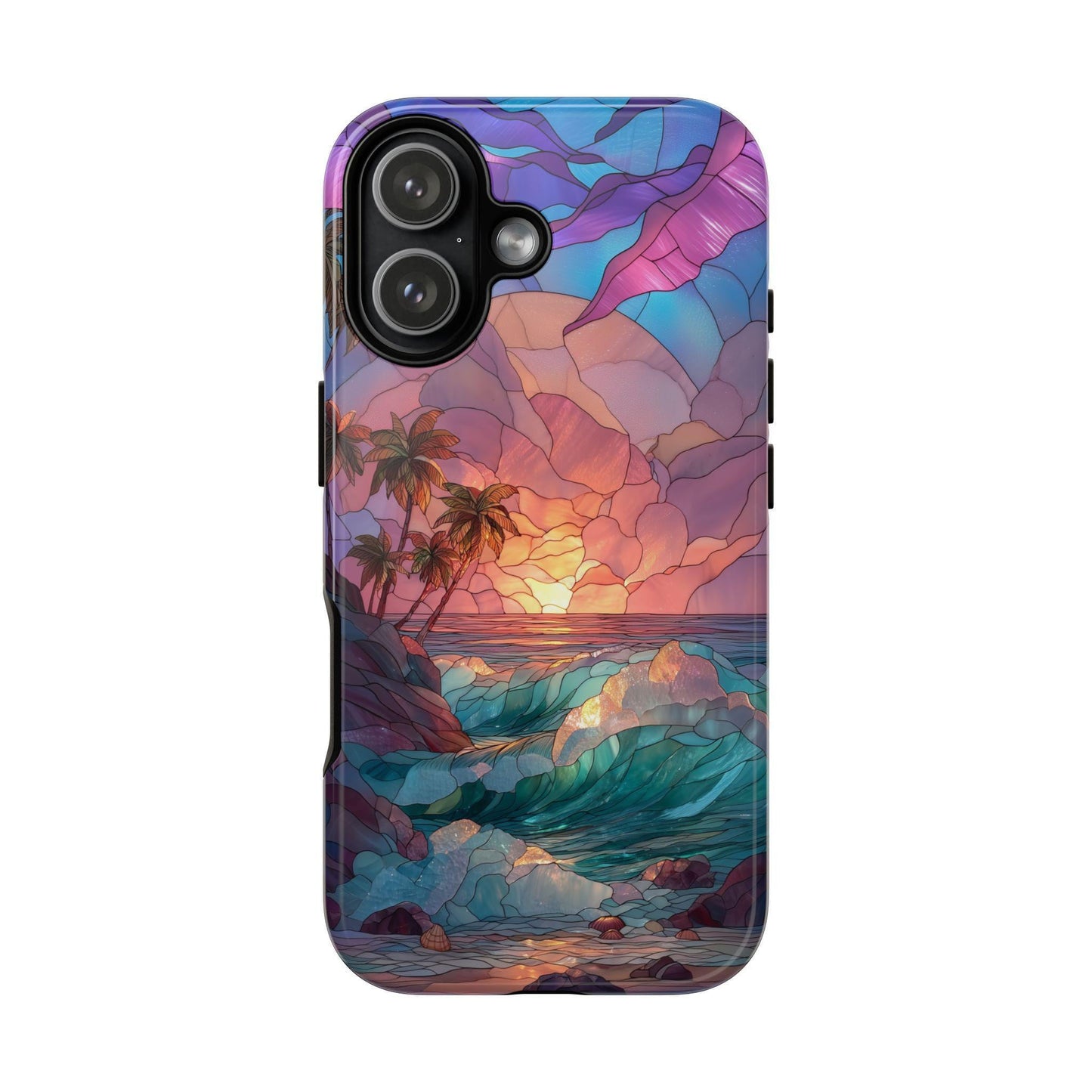 Teal Ocean Beach Sunset Stained Glass