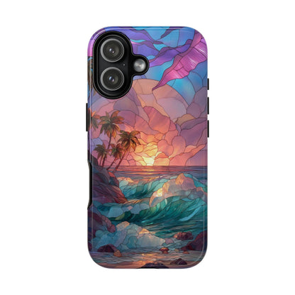 Teal Ocean Beach Sunset Stained Glass