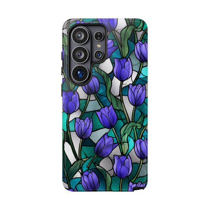 Violet Tulips Teal Floral Stained Glass
