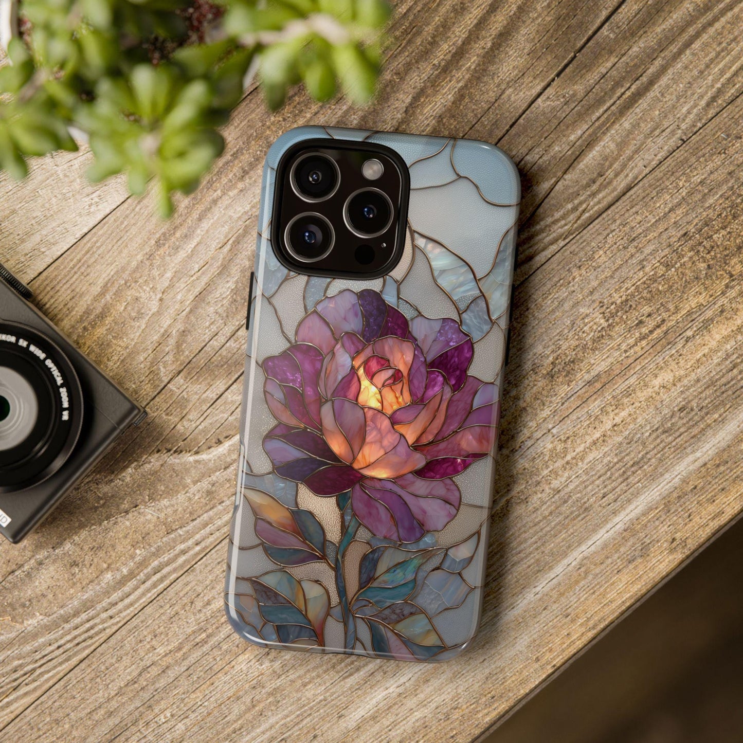 Blooming Rose Flower Silver Stained Glass